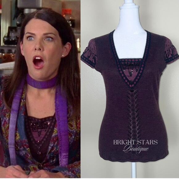 Extremely Rare Vintage Purple Beaded Wool Silk Top ASO Lorelai Gilmore Girls Y2K - Picture 1 of 10